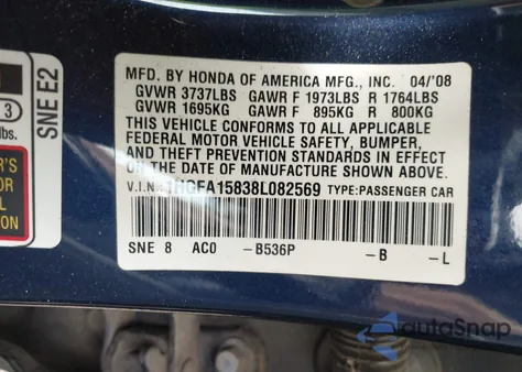 2008 Honda Civic Ex из США, поврежденный, VIN 1HGFA15838L082569